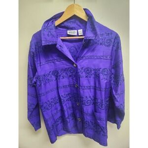 Chicos Design Purple Floral Embroidered Silk Rayon Button‎ Front Shirt Top